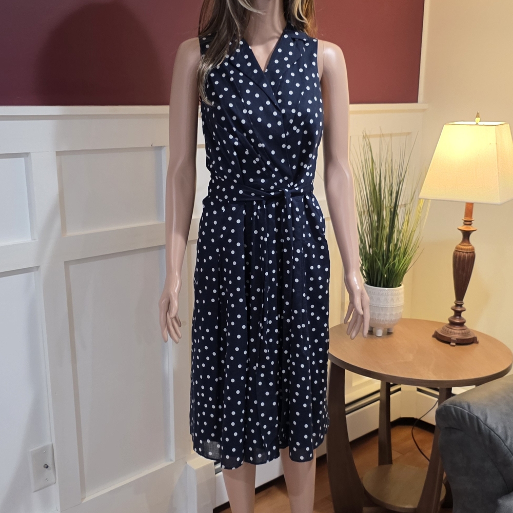 Elegant Navy Polka Dot Wrap Dress
